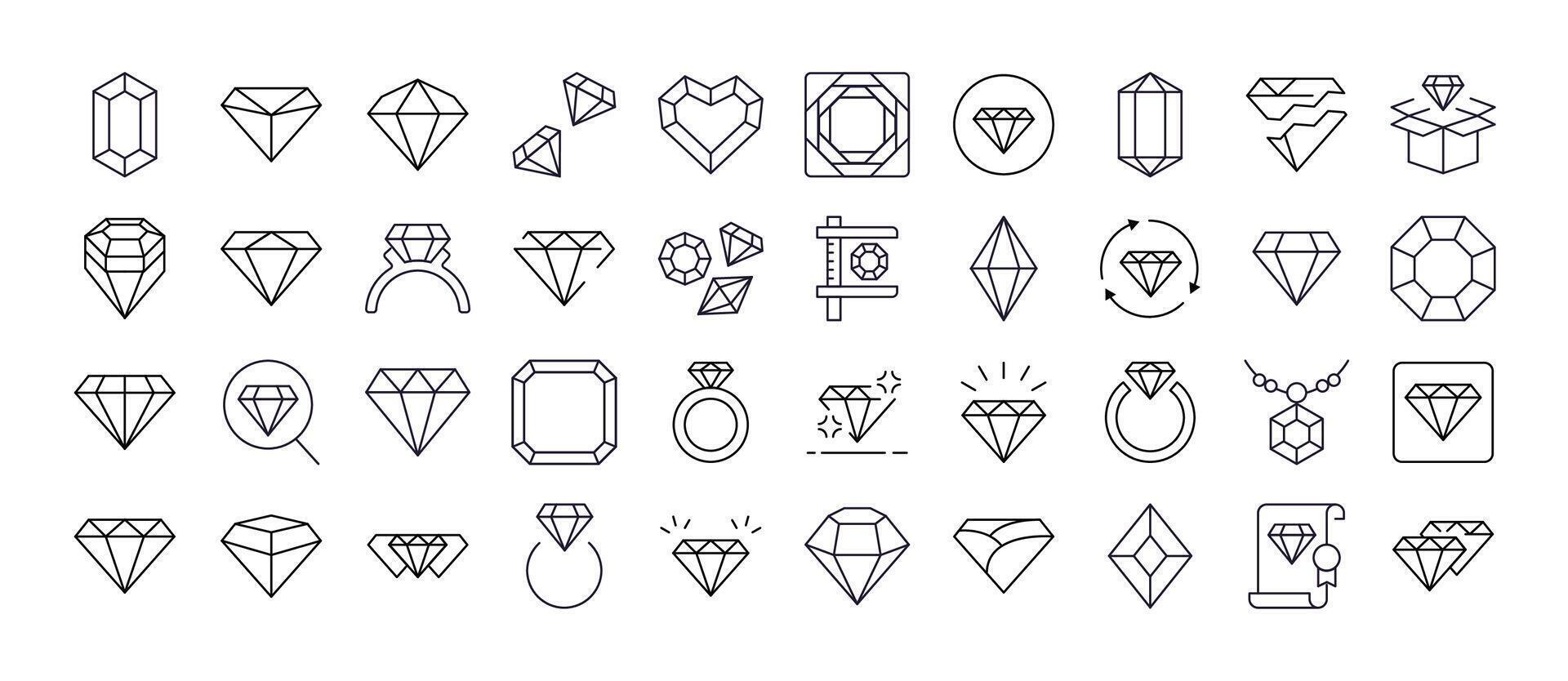 Collection of Jewelry Related Line Icons. Diamond and Gem Outline Signs for Graphic and Web Design, Apps, Adverts, Various Cards vector