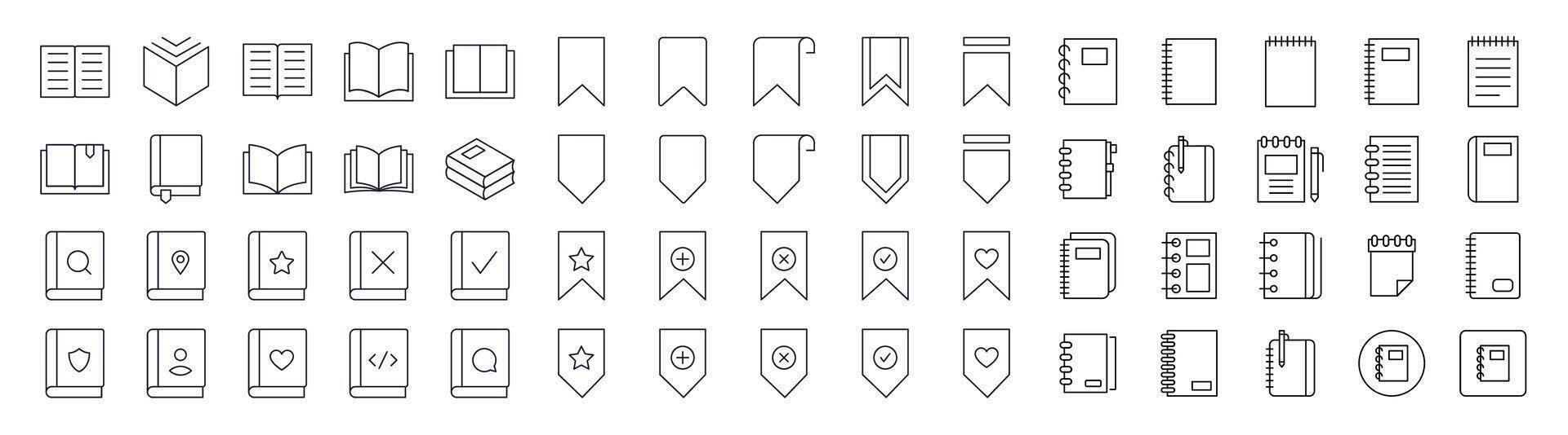 Collection of Book, Bookmark, Diary Related Line Icons. Outline Signs for Graphic and Web Design, Apps, Adverts, Various Cards vector