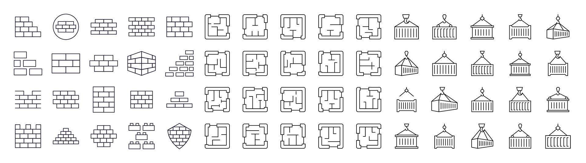 Collection of Brick Walls, Floor Plan, Building Related Line Icons. Outline Signs for Graphic and Web Design, Apps, Adverts, Various Cards vector