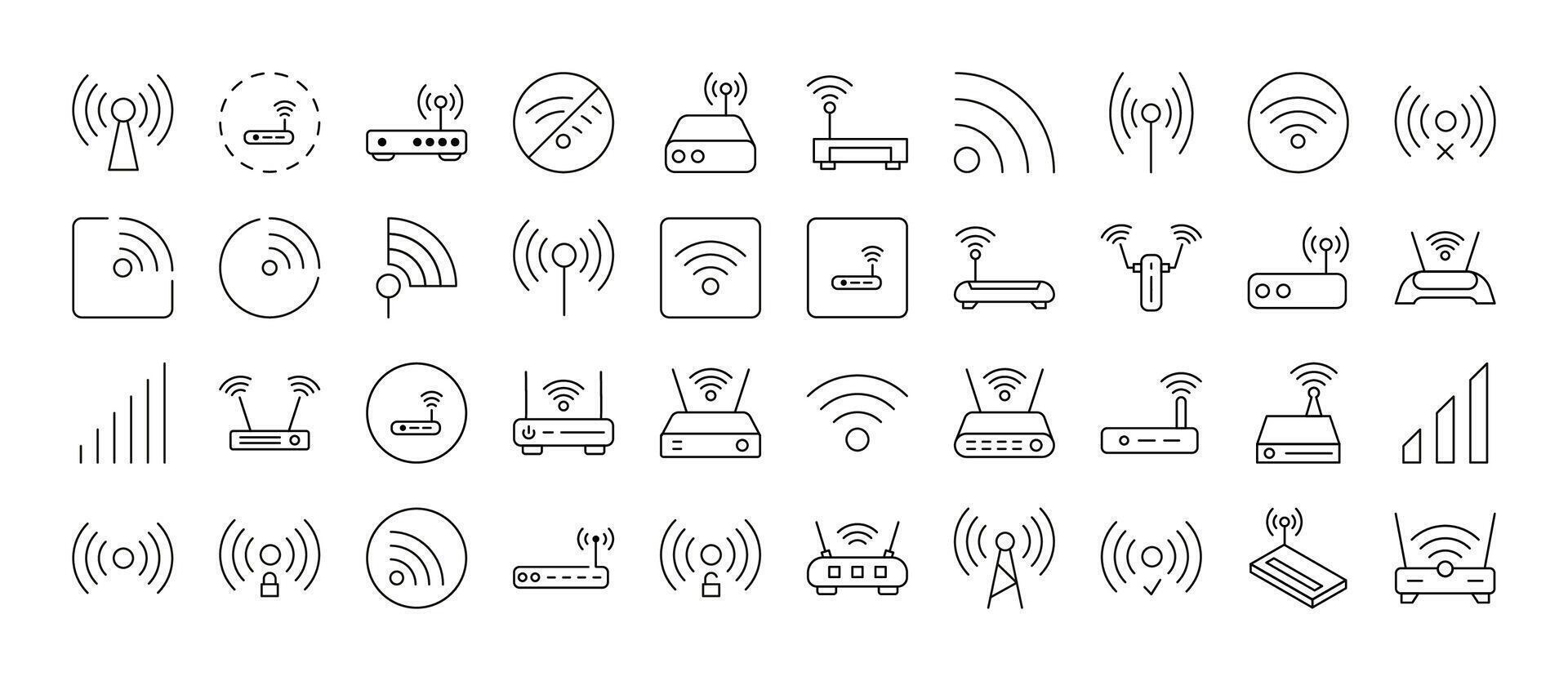 Set of WiFi and Router Related Line Icons. Outline Signs for Graphic and Web Design, Apps, Adverts, Various Cards vector