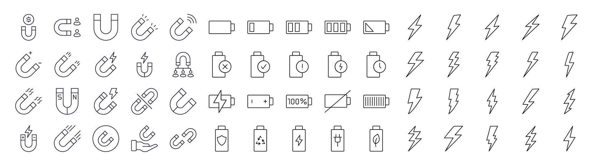 Collection of Magnet, Battery, Lightning Related Line Icons. Outline Signs for Graphic and Web Design, Apps, Adverts, Various Cards vector