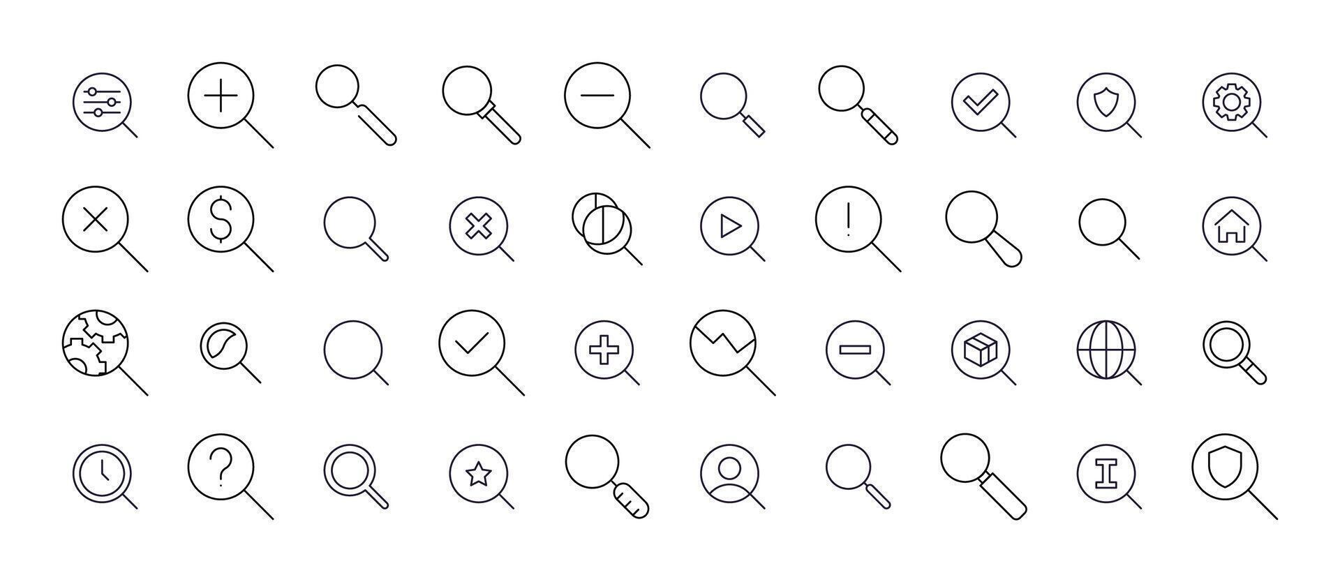 Pack of Magnifying Glass Related Line Icons. Outline Signs for Graphic and Web Design, Apps, Adverts, Various Cards vector