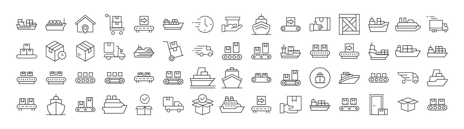 Delivery and Transportation Line Icon Pack. Outline Signs for Graphic and Web Design, Apps, Adverts, Various Cards vector