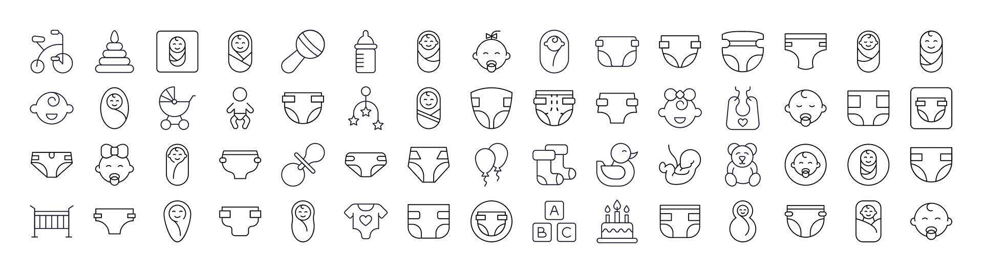 Set of Family, Baby, Diapers Related Line Icons. Outline Signs for Graphic and Web Design, Apps, Adverts, Various Cards vector