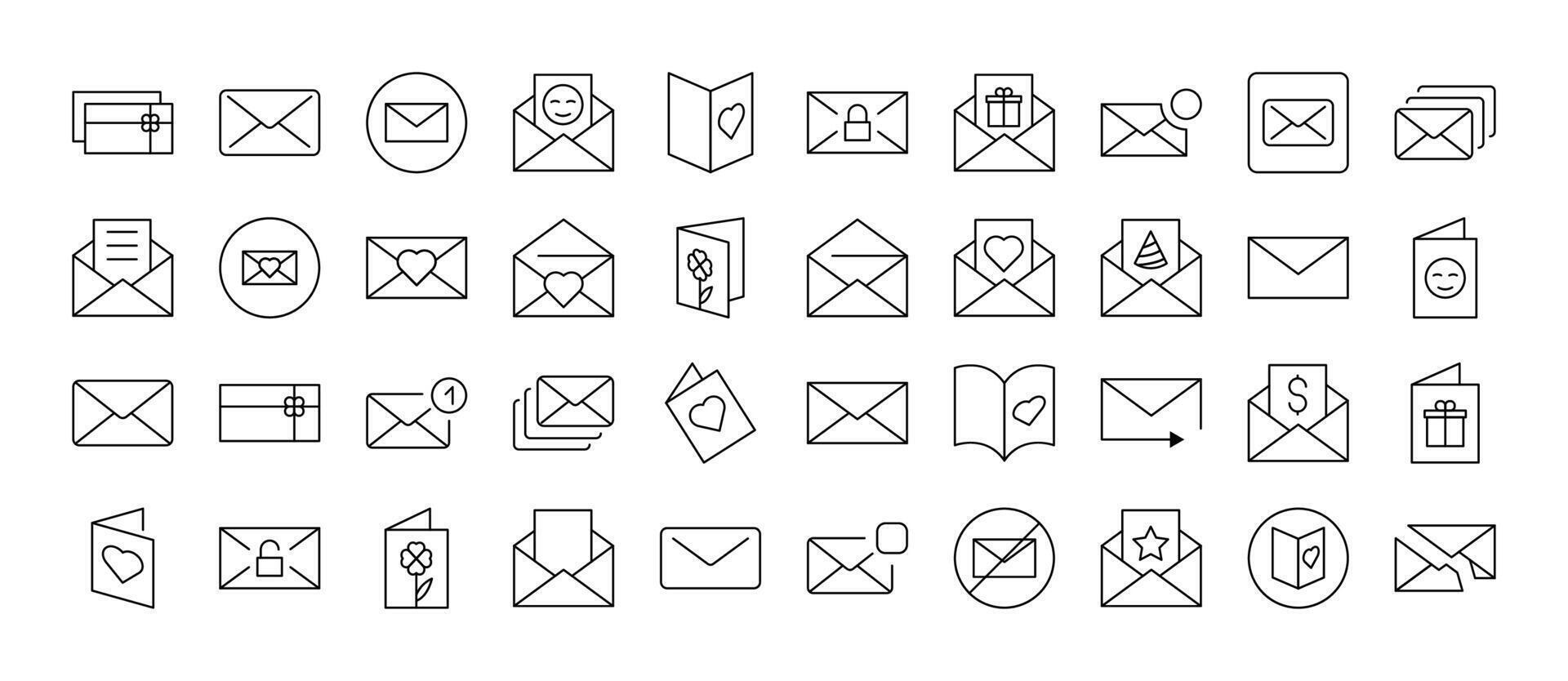 Collection of Envelope, Mail, Post Related Line Icons. Outline Signs for Graphic and Web Design, Apps, Adverts, Various Cards vector