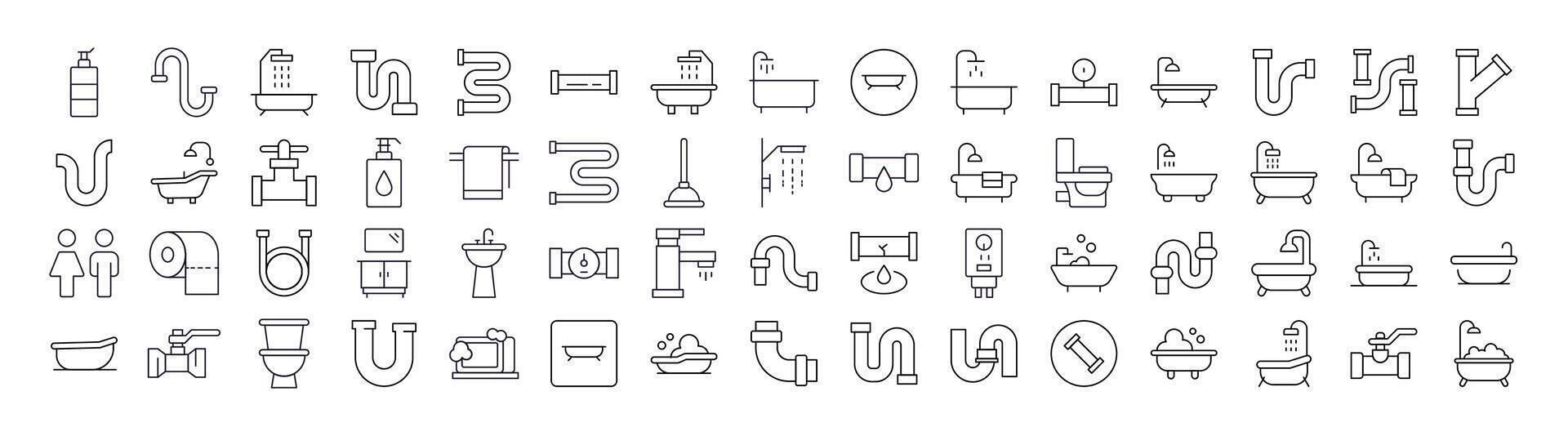 Faucet, Pipes, Bathroom, Toilet Line Icon Collection. Minimalistic Linear Pictogram for Web and Graphic Design, Apps, Banners, Social Network and Cards vector