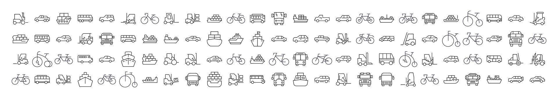 Bus, Ship, Tractor, Bicycle, Car Set of Thin Icons. Editable Stroke. Perfect for Web Sites, Books, Cards, Apps vector