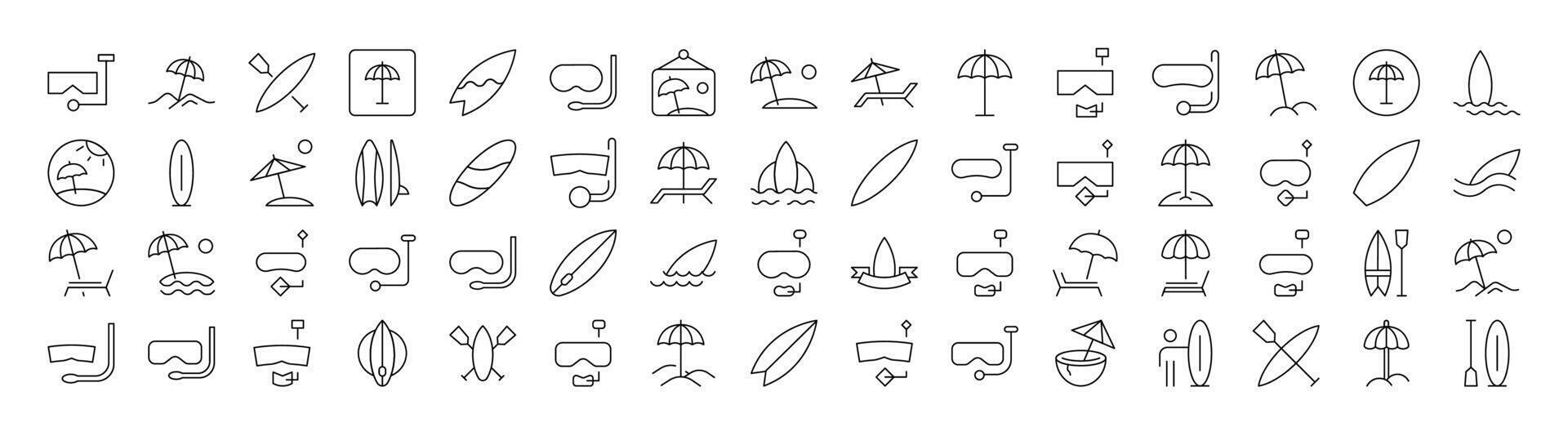 Diving Mask, Surfboard, Umbrella, Beach Line Icon Bundle. Outline Signs for Graphic and Web Design, Apps, Adverts, Various Cards vector