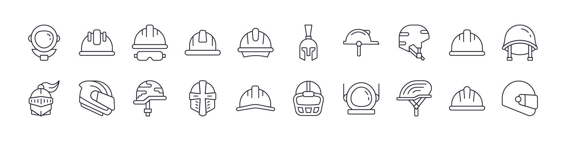 Set of Helmet Related Line Icons. Outline Signs for Graphic and Web Design, Apps, Adverts, Various Cards vector
