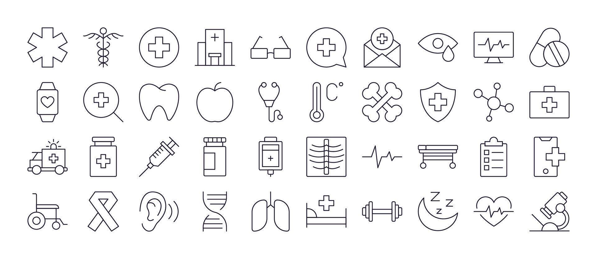Medical Cross, Heart, Bones, Health Care Line Icon Collection. Minimalistic Linear Pictogram for Web and Graphic Design, Apps, Banners, Social Network and Cards vector