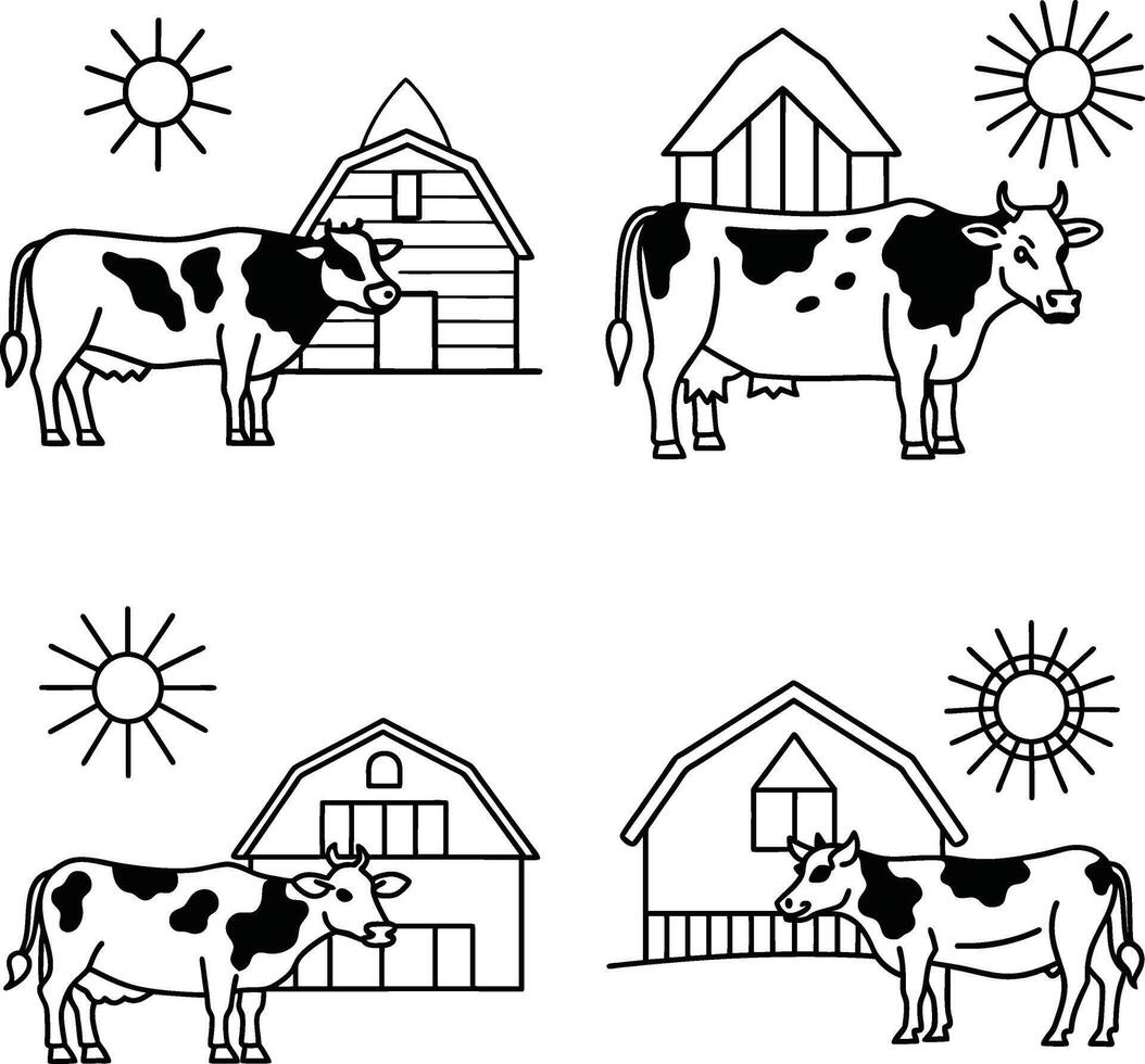 Cow line sketches in black and white for coloring pages vector