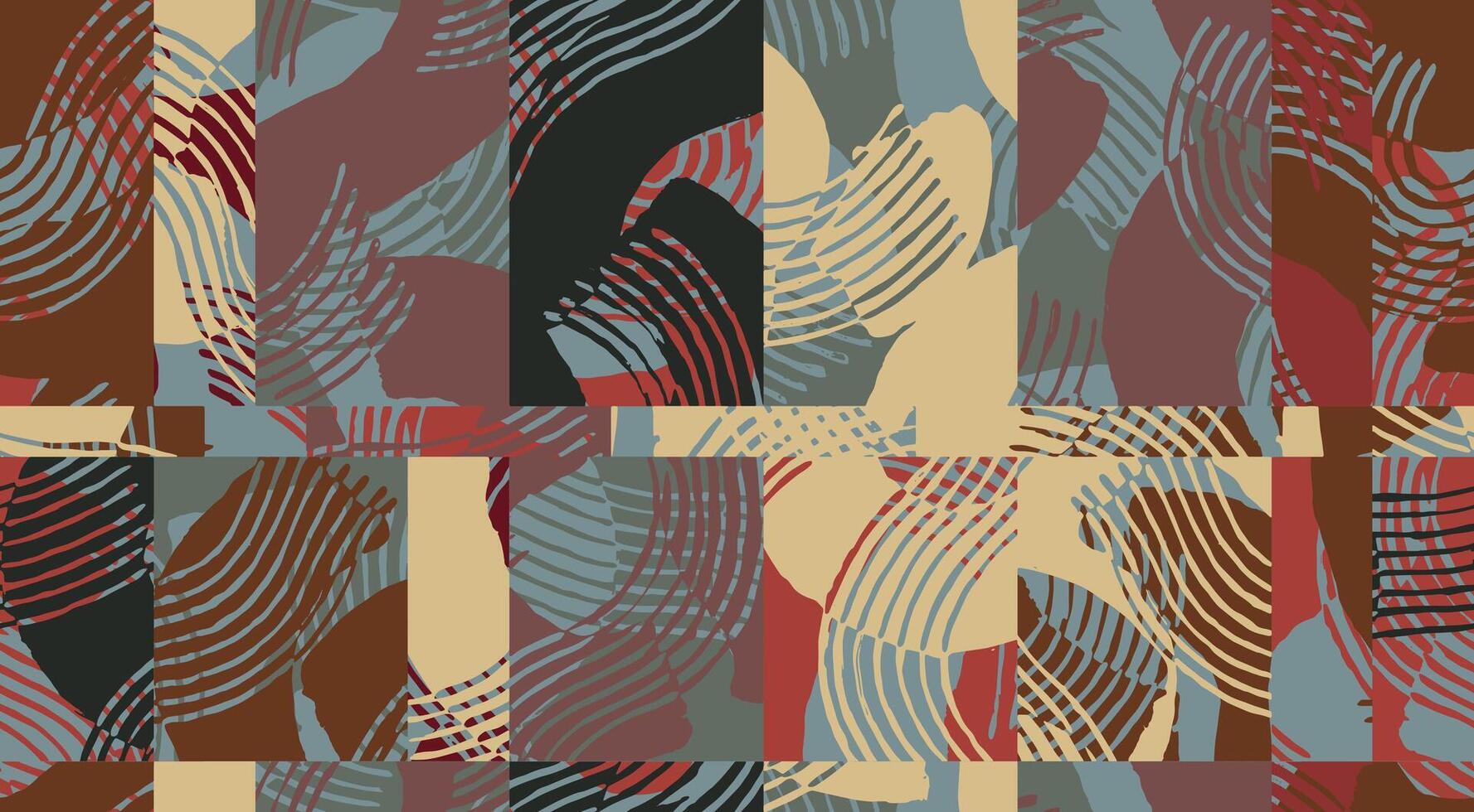 Seamless, crafted hand drawn brush line abstract shapes patchwork pattern, Japanese and ethnic folk wood carving, block print texture surface background, colorful graphic for textile, carpet vector