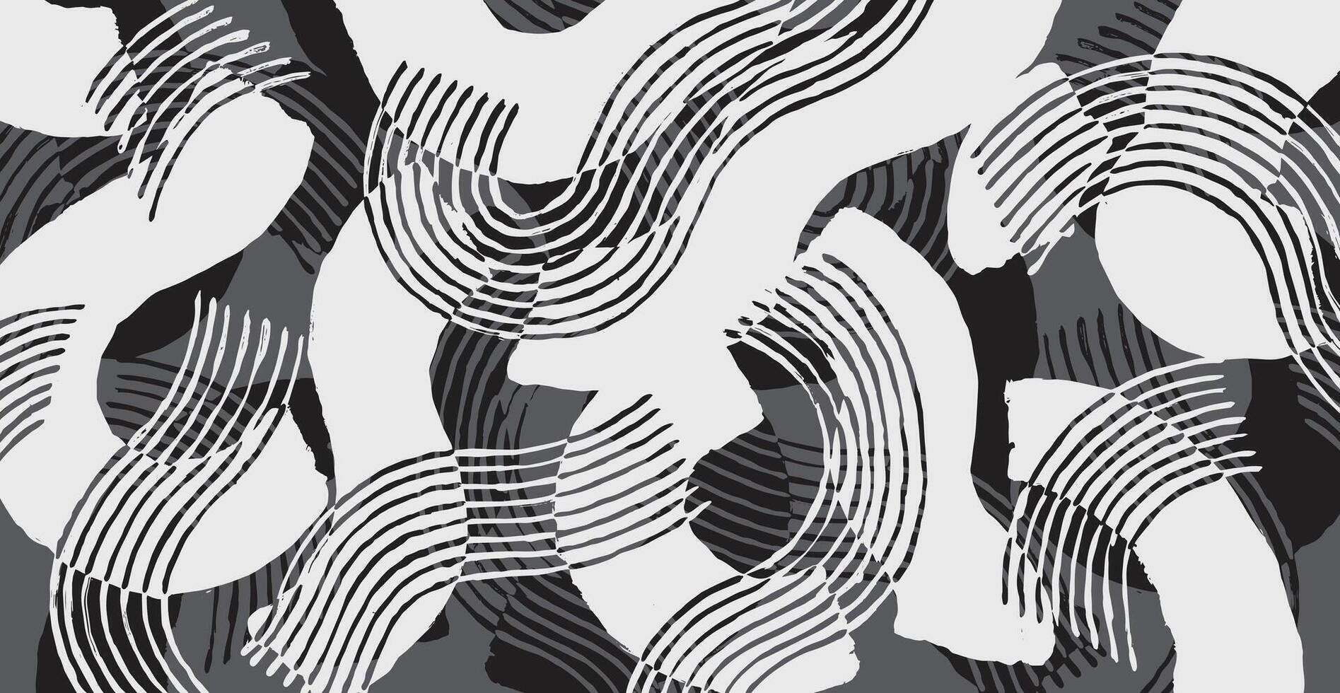 Hand drawn brush line abstract curve pattern in black and white, Japanese and ethnic folk wood carving, block print textured surface background, simple graphic for textile, carpet, decoration vector