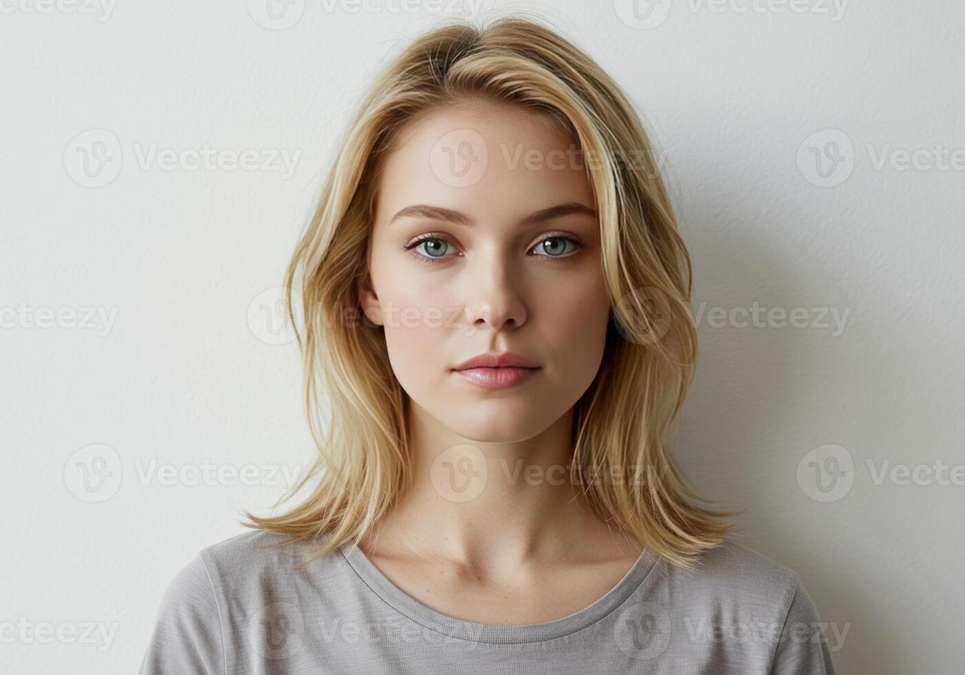 Blonde Woman Portrait Neutral Background Studio Shot photo