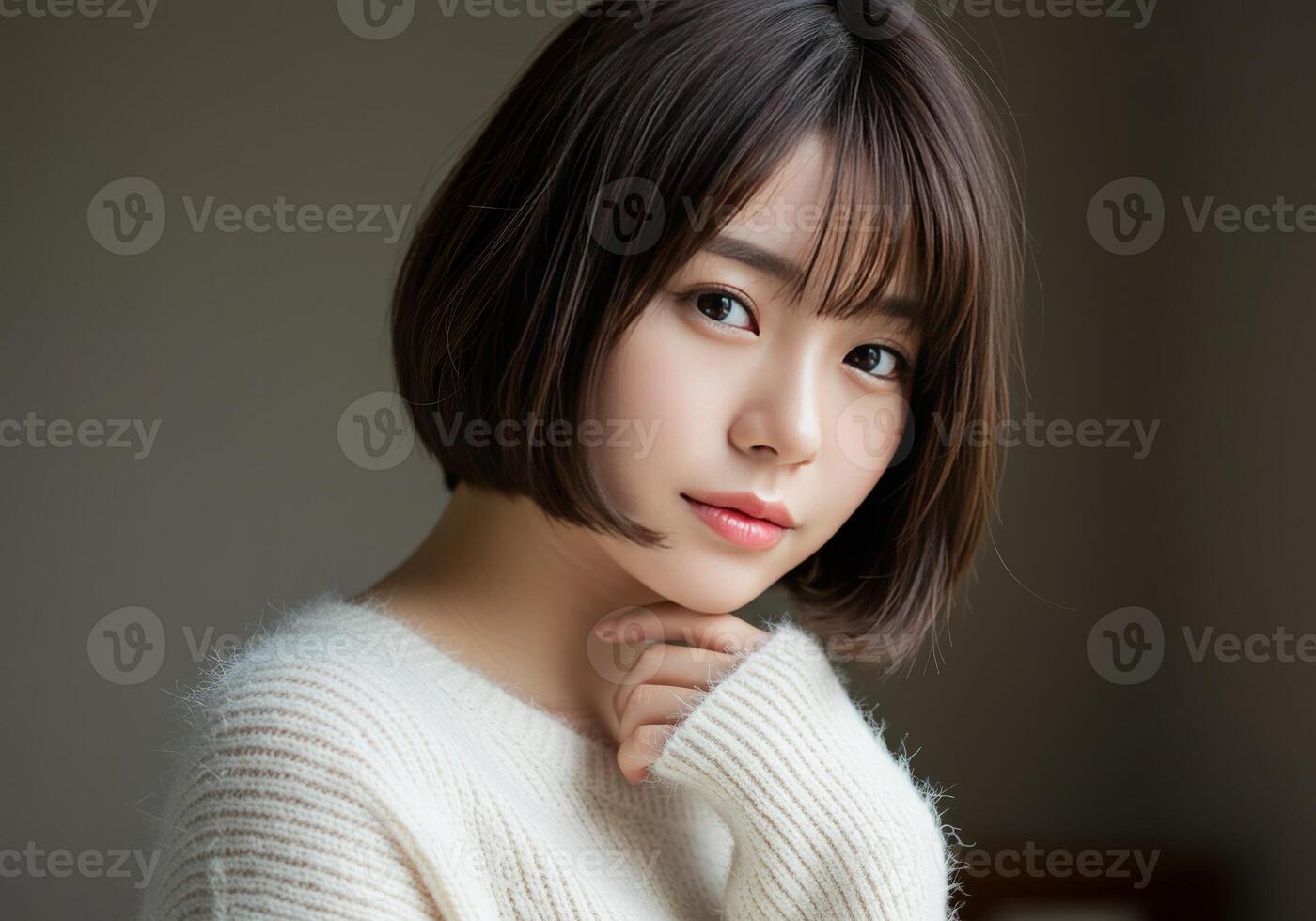 Cute Asian Girl with Bob Haircut in White Sweater photo