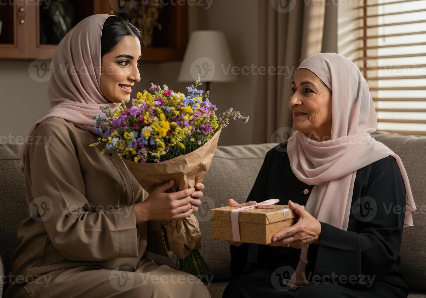 Woman Giving Flowers and Gift to Mother Mother's Day Celebration photo