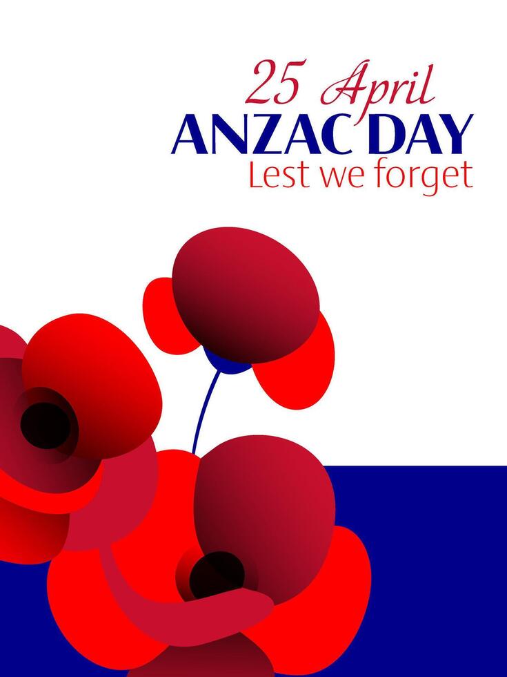 Anzac day vertical poster with poppy flower composition on blue and white background vector