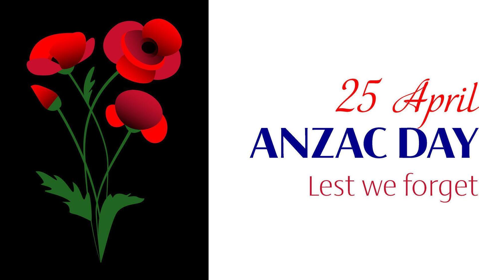 Anzac day horizontal banner with poppy flower bunch with leaves on black vector