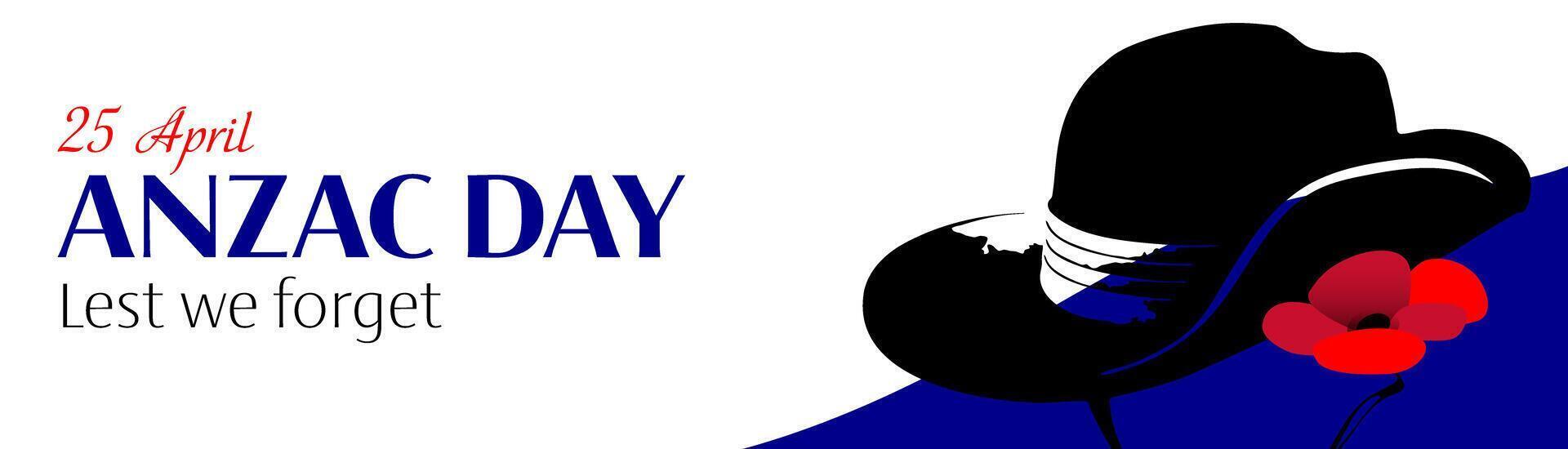 Anzac day horizontal banner with poppy flowers and slouch hat on white background vector