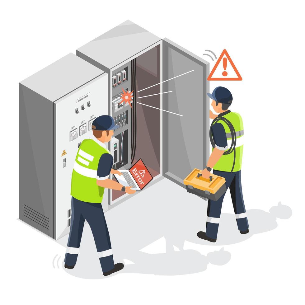 Industrial Electrical Failure in PLC Control Cabinet, Technicians Diagnosing and Repairing, Isometric Isolated vector