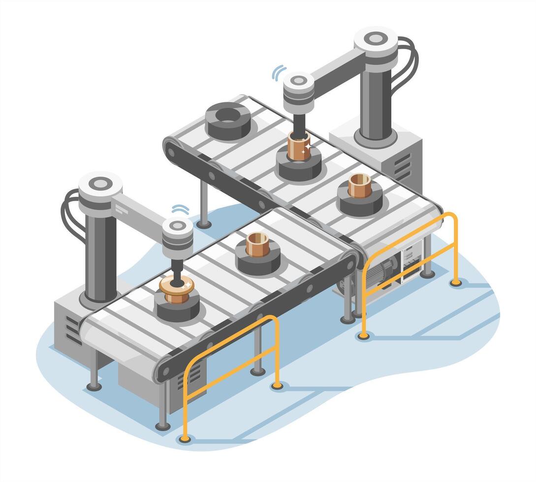 Automated Robotic Arms Working on Smart Factory Conveyor System, Industry 4.0, Isometric Isolated cartoon vector