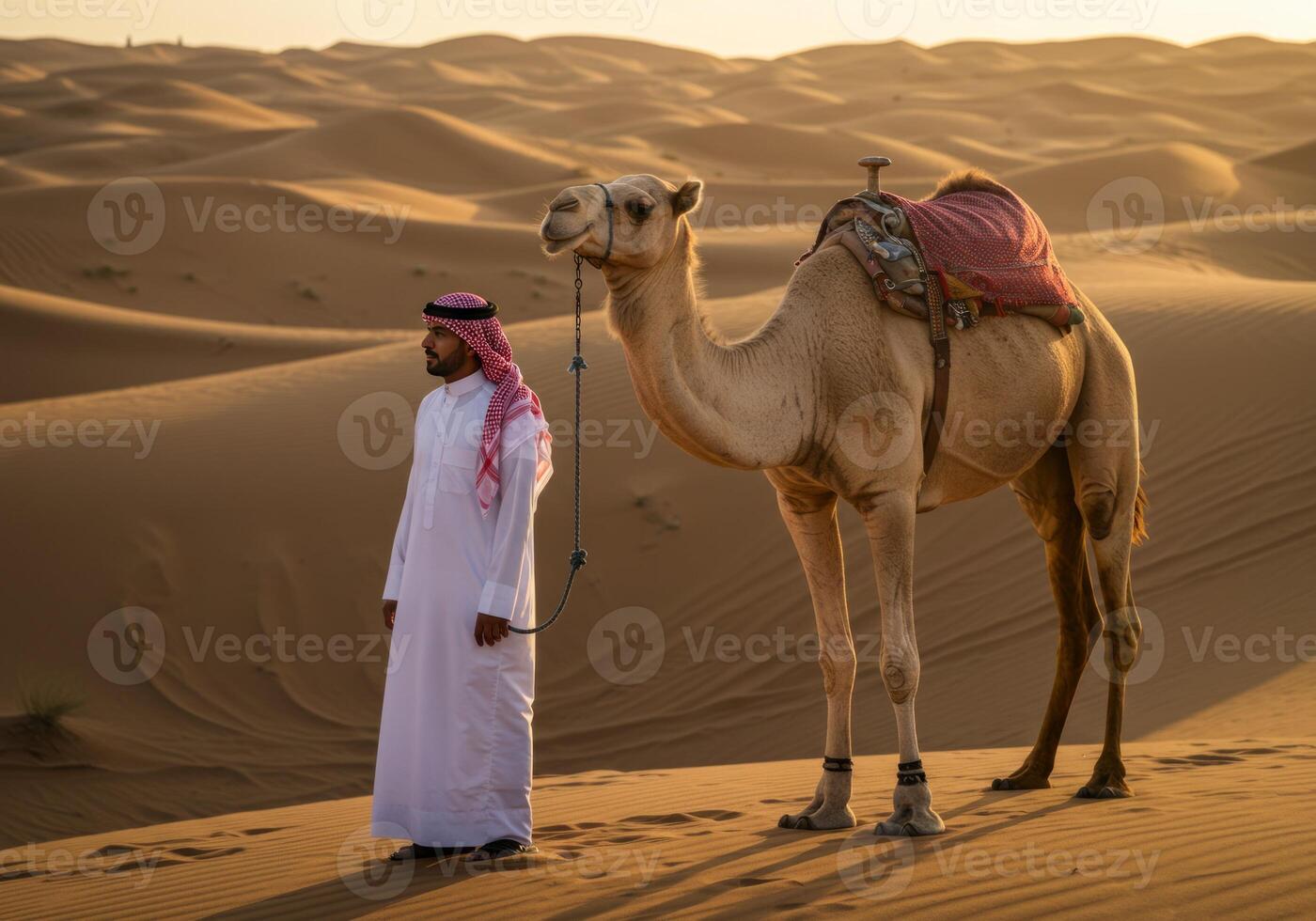 Walking with a Camel in the Desert Landscape at Sunset Time photo