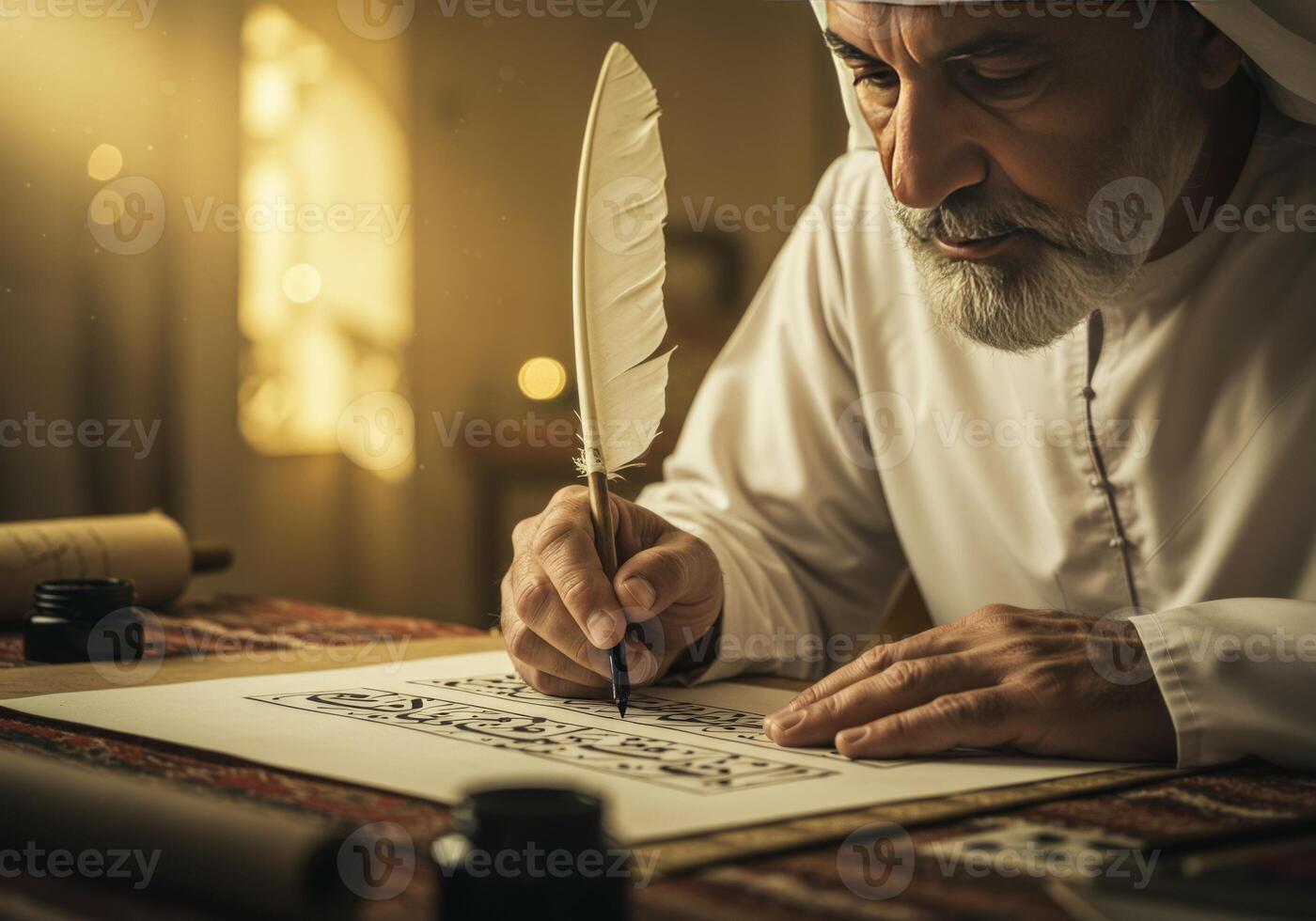 A close-up photo of a Saudi Gulf Arab man wearing a ghutra and a bisht holding a pen in his hand writing on a historical leather manuscript and correspondence