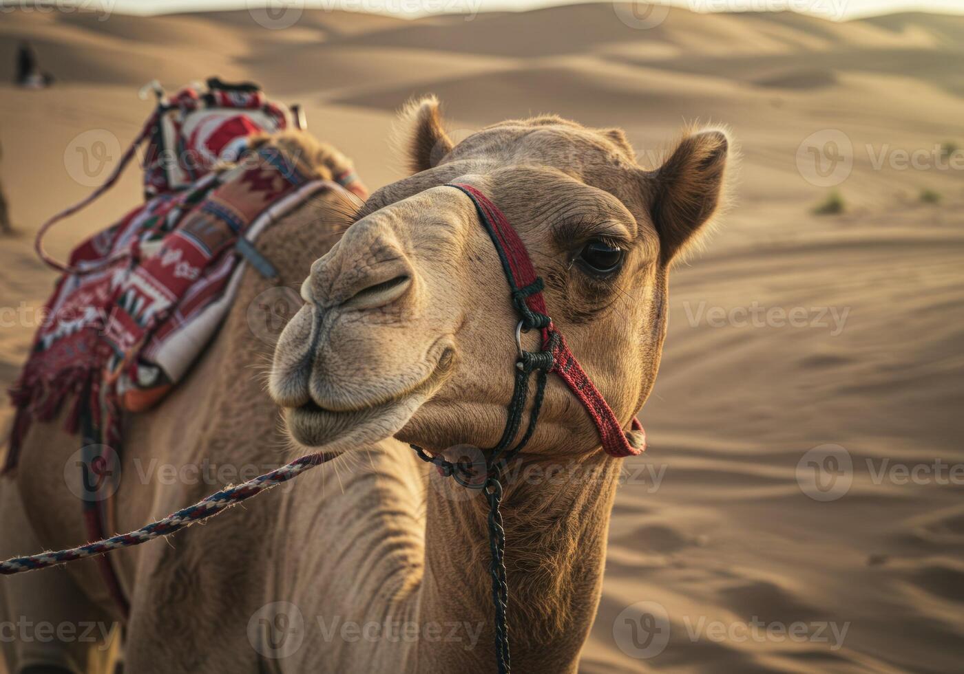 A close-up picture of a camel walking in the desert areas, a display of the finest and precious camels in Saudi Arabia photo