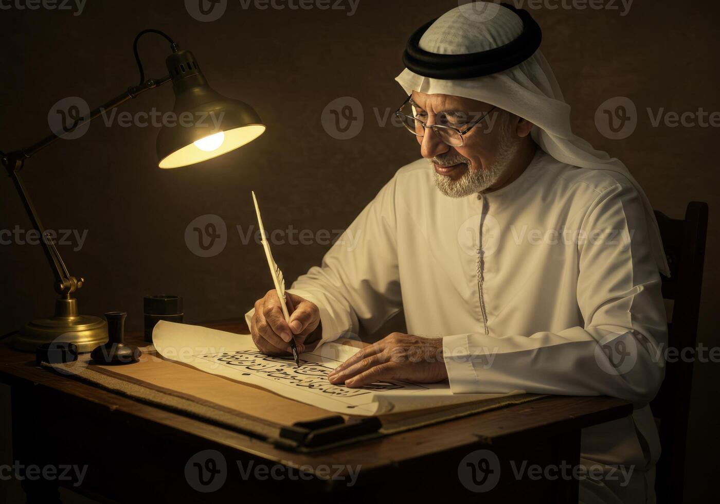 Saudi Gulf Arab man wearing a ghutra and a bisht holding a pen in his hand writing on a historical leather manuscript, heritage letters and correspondence photo