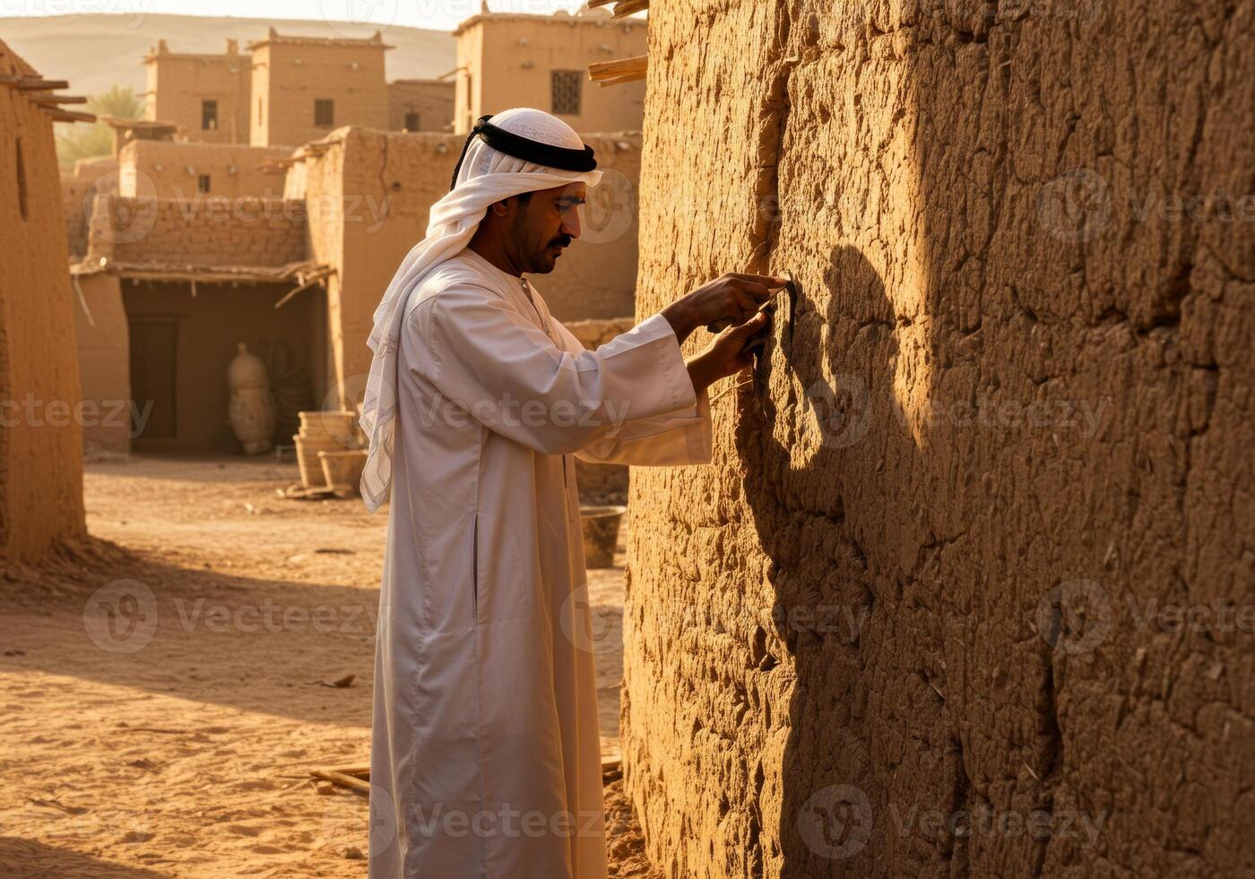 Arabian Man Working on Traditional Mud Building in Desert Village photo