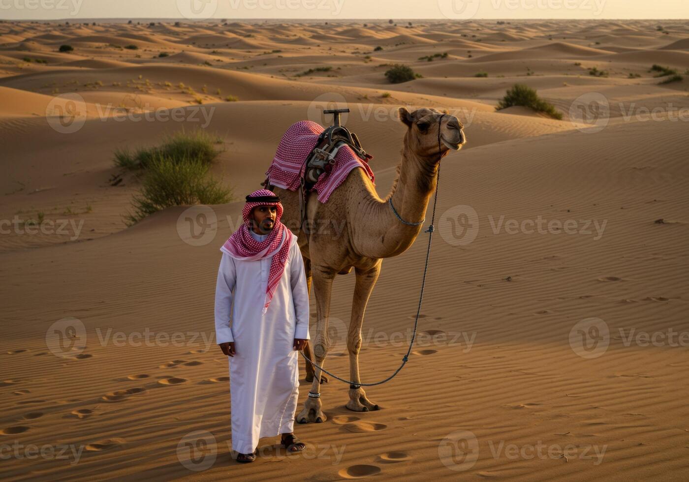 Man and Camel Walking in the Desert Sands at Sunset photo