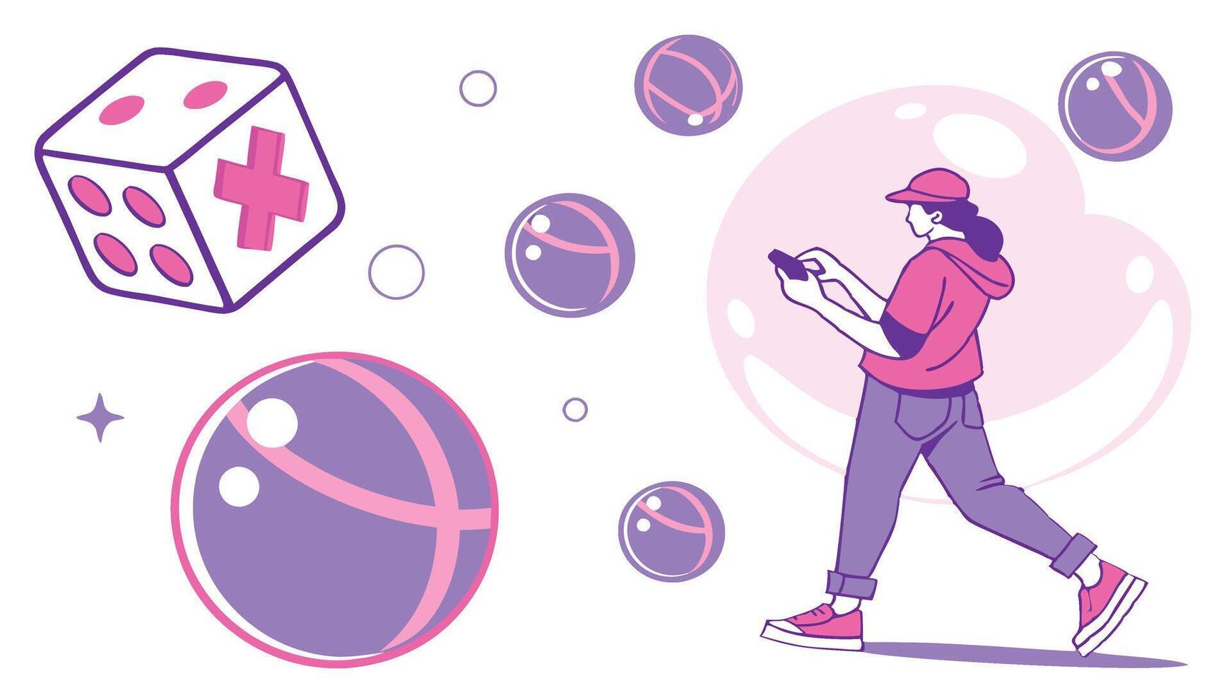 Playful Character Engaging in Mobile Activity with Dice and Bubbles vector
