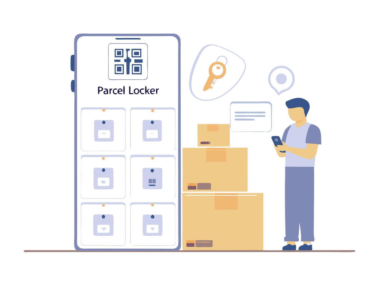 Parcel Locker Use with Smartphone and Key Retrieval vector