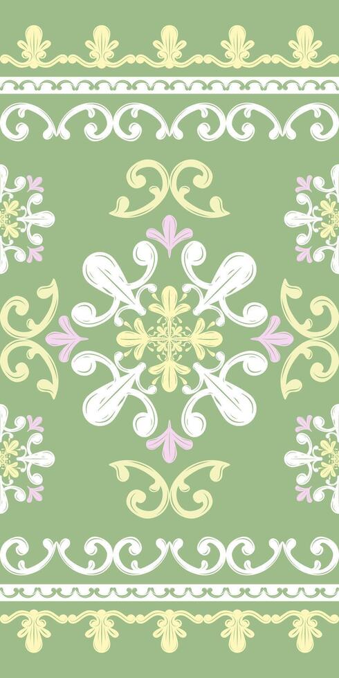 Elegance Luxury Gentle Spring Summer Meadow Blooming Victorian Style Whitework Florals Embroidery On Green Background. Elaborate Royal Detailed Lace Scroll Ornament Decoration Border Seamless Pttern. vector