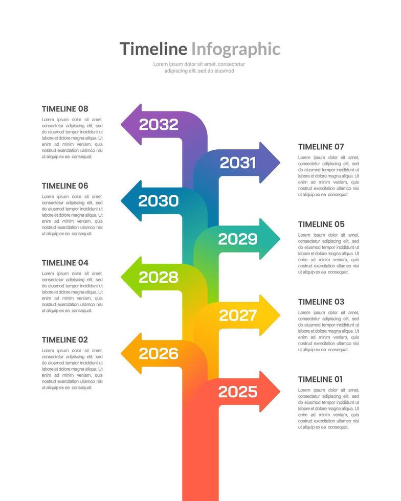 Colorful Vertical Arrow Timeline Infographic 8 Key Events. Presentation, Report, Plan and Milestone. vector