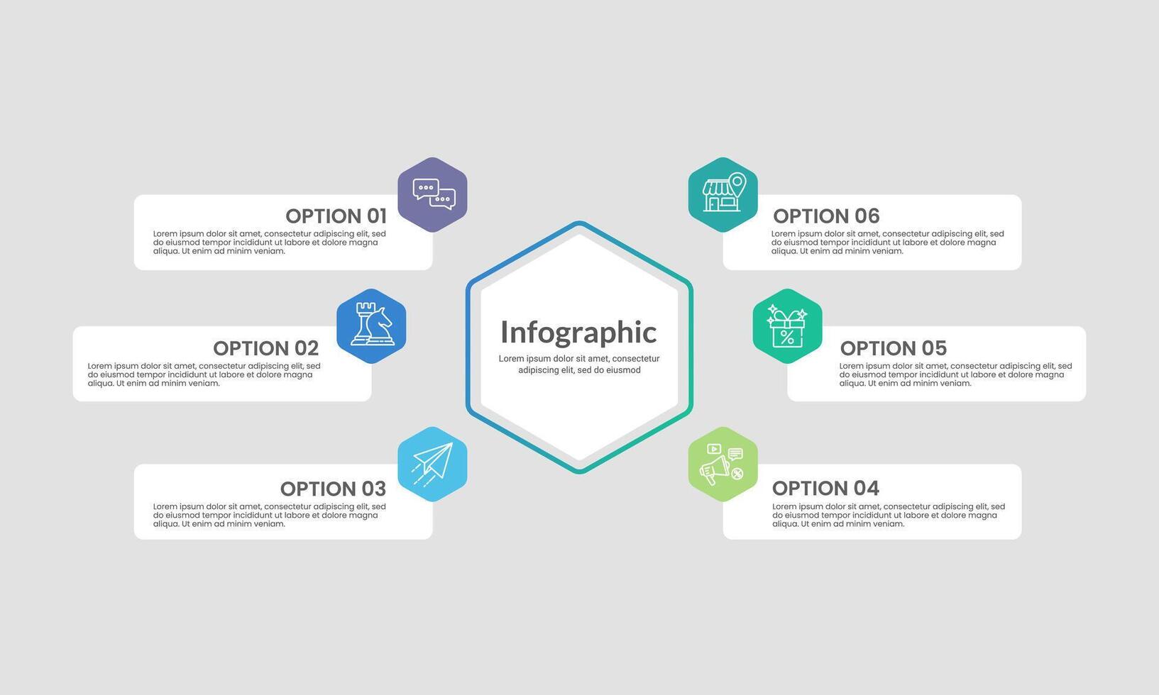 Infographic hexagon with 6 options for business presentation. Plan, Data, Report and Marketing. vector