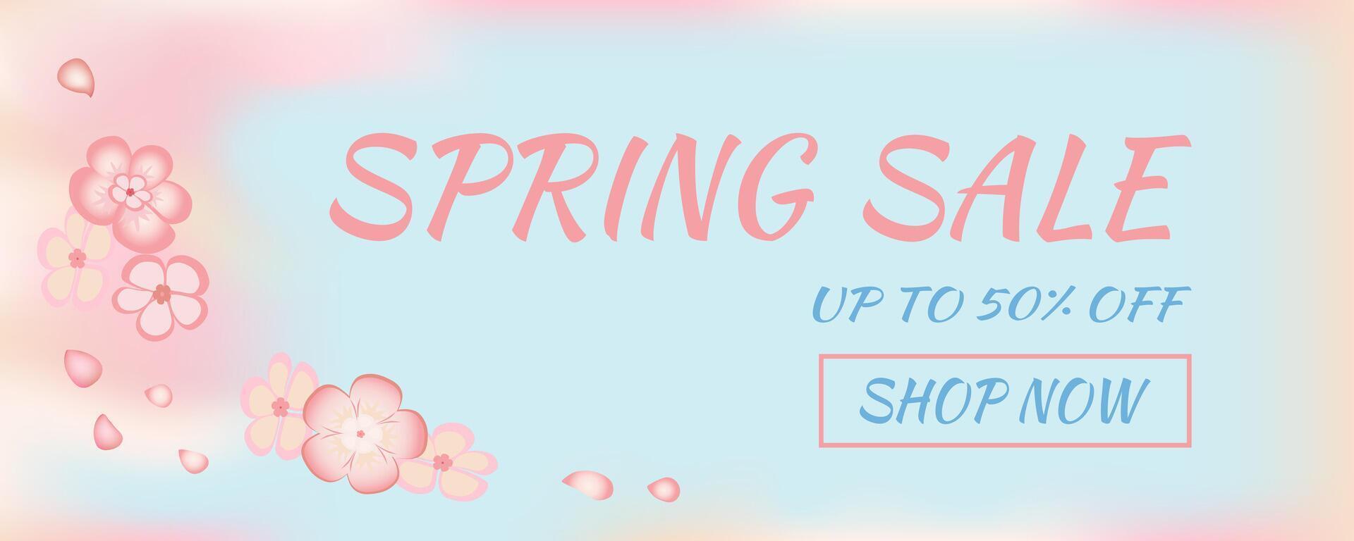 Spring sale banner with abstract shapes, cherry flowers and flying petals on blue background. vector