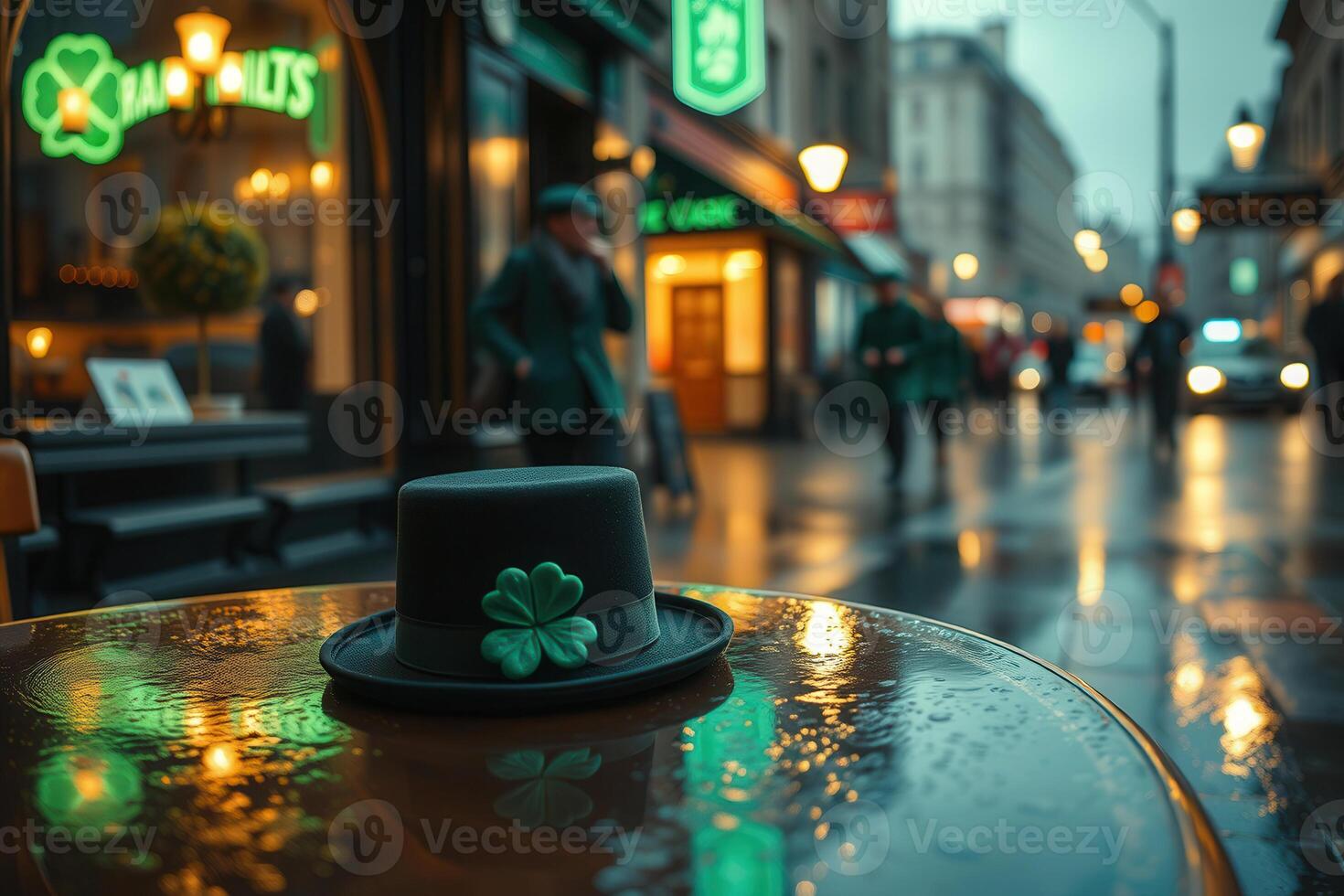 St Patricks Day black top hat with green shamrock on wet table outside Irish pub with glowing neon lights in rainy city street at night photo