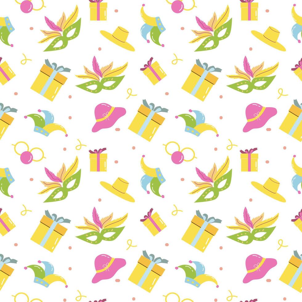 Colorful festive pattern with carnival masks, gifts, hats, and balloons vector