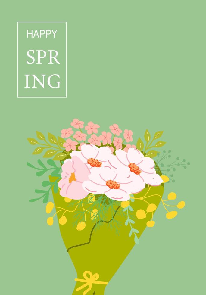 Floral spring bouquet with pink and white blooms on green background vector