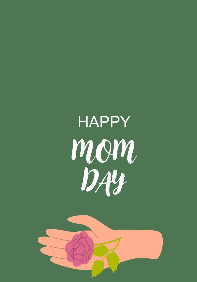 Happy mom day card with rose on open hand illustration against green background vector