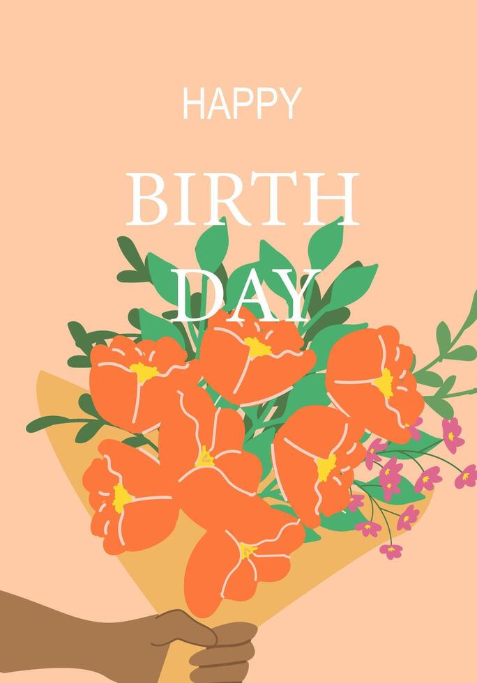 Happy birthday card with bouquet of orange flowers and hand holding vector