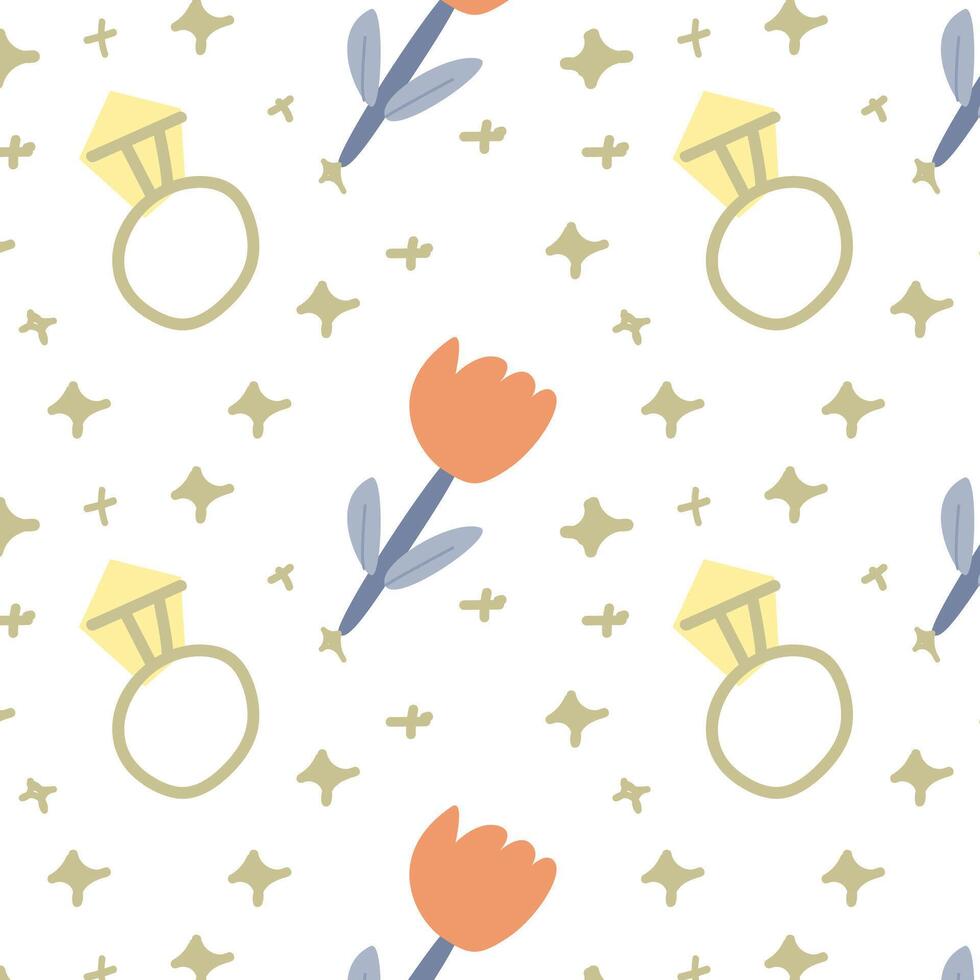 Princess themed seamless pattern with rings and flowers for crafting and decor vector