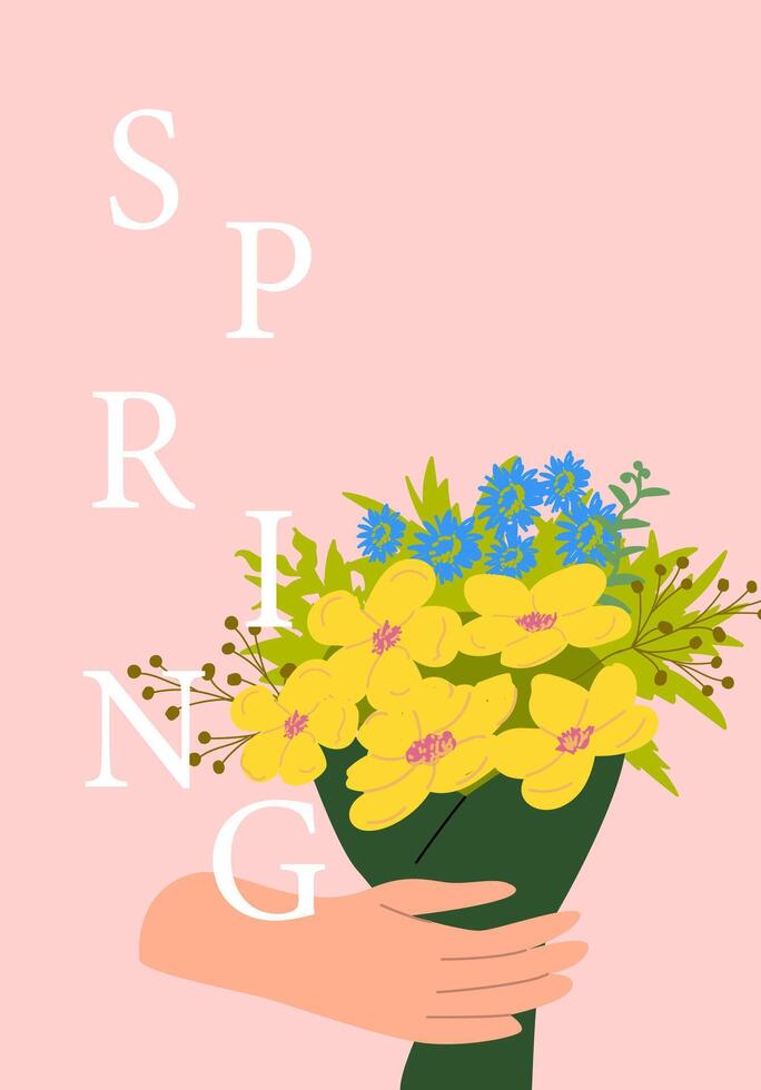 Spring bouquet with yellow and blue flowers on pink background vector