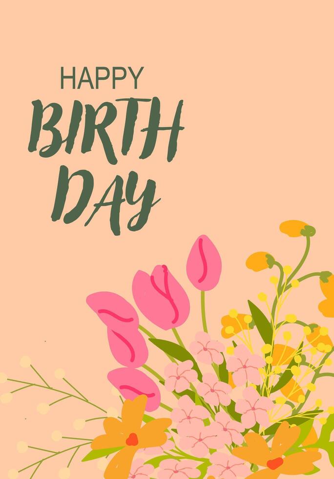 Happy birthday card with colorful floral arrangement on peach background vector