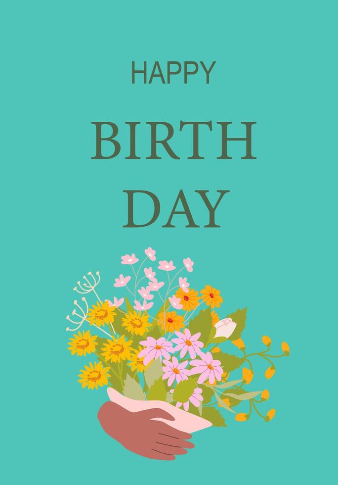 Colorful floral birthday card with hand holding bouquet vector