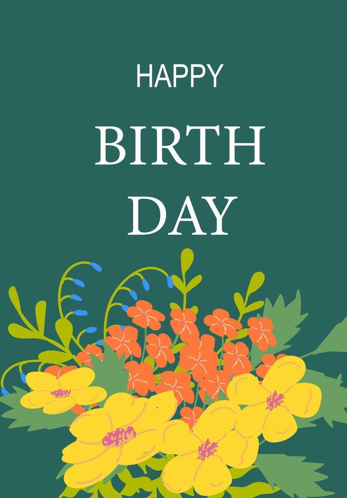 Happy birthday card with colorful floral design on green background vector
