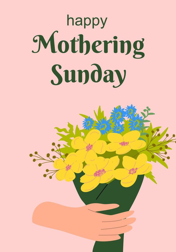 Happy mothering sunday greeting with bouquet of yellow and blue flowers vector
