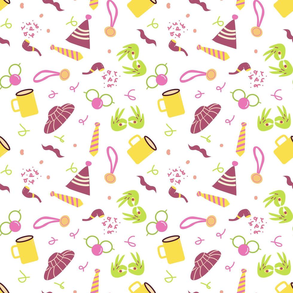 Festive pattern with party hats, mugs, ties, and flowers on white background vector