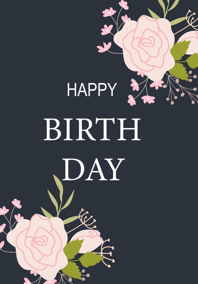 Elegant birthday card with pink roses on a dark background vector